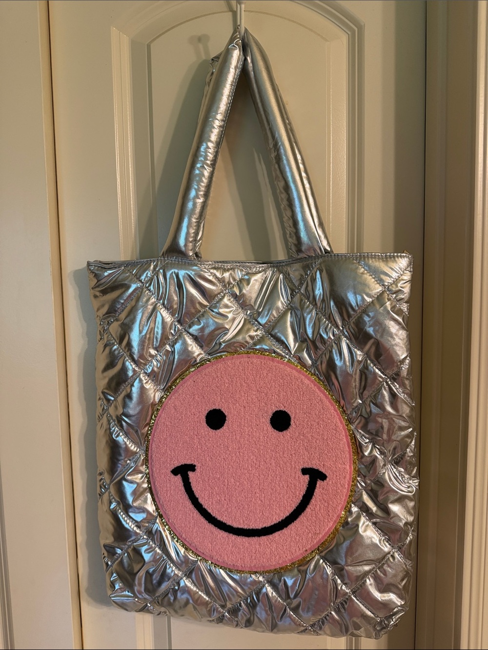 Judith March Quilted Tote Bag with Pink Smiley Patch